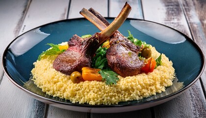 exquisite lamb chops served on pearl couscous with herbs and vegetables