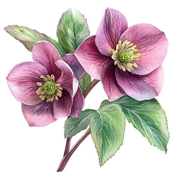 Hellebore Flower, elegant watercolor illustration luminous highlights, isolated on a white background.