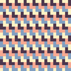 Diagonal lines of overlapping blue, peach, cream and maroon squares