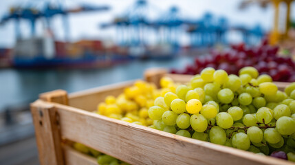 Fruits in export crates at the port, vivid natural colors contrasted with muted industrial ship background, shallow focus emphasizing logistics and freshness