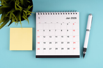 January 2026 Calendar and adhesive sticky note