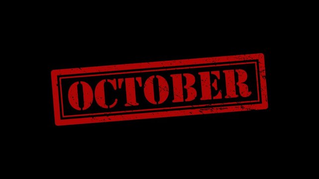 Red Grunge October Stamp Animation on Transparent Background with Alpha Channel, Vintage Rubber Date Label Effect, Distressed Calendar Month Text for Video Overlays, Timelines, Promotions