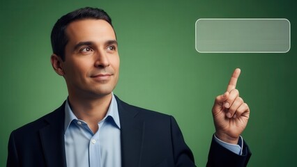 Professional businessman in formal attire demonstrating innovative ideas through digital interface