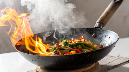A professional chef prepares a delicious meal by frying fresh vegetables and chicken in a hot wok over a roaring fire on a restaurant stove