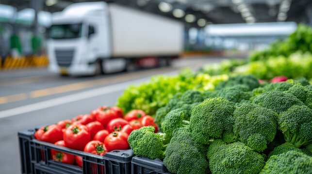 Close-up of mixed vegetables in boxes at an airport loading area, textures emphasized by daylight, cargo truck and logistics equipment softly blurred behind, modern air cargo conce