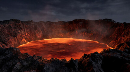 Fototapeta premium Lava lake inside a volcanic crater at night