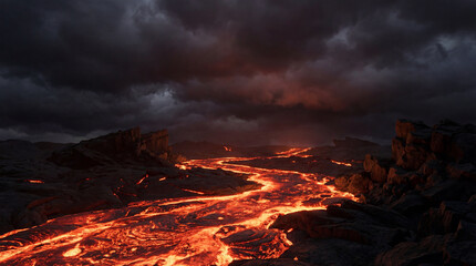 Lava flowing through rocky landscape under stormy skies