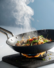 A professional chef cooks a healthy meal of fresh meat and vegetables in a hot black frying pan over a stove fire in a restaurant kitchen
