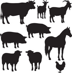 Collection of farm animal silhouettes including cow goat pig horse sheep and chicken in black and white also transparent background