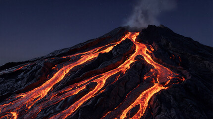 Lava flowing down volcanic mountain at night © Alexander
