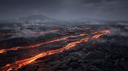 Lava flowing through a dark volcanic landscape
