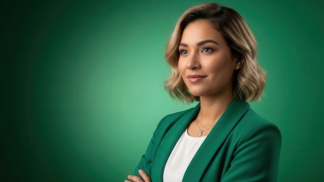 Professional confident woman with stylish blonde hair in a smart green blazer and white top