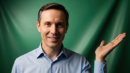 professional businessman with friendly expression presenting in front of green screen for business