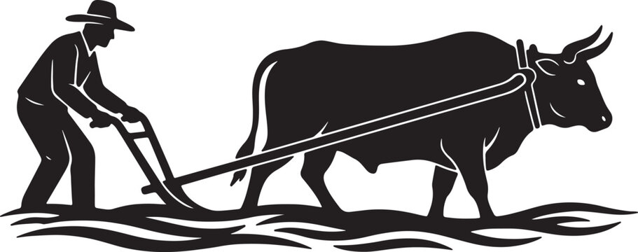 Stylized silhouette of a farmer and ox plowing a field with a traditional plow on a white background showcasing rural labor and agricultural heritage also transparent background