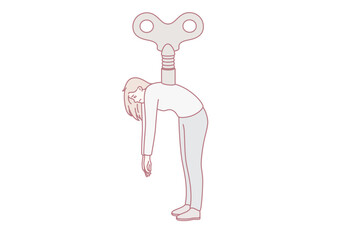 Control manipulation and marionette concept. Young tired woman standing with huge key in her back over grey background vector illustration