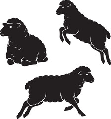 Three black silhouette sheep in various poses including sitting jumping and running on a white background representing farm animals and countryside life also transparent background