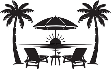 Tropical beach scene silhouette with palm trees sun umbrella deck chairs and a cocktail under a setting sun over the ocean representing vacation and relaxation also transparent background