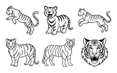 Cute cartoon tiger vector illustration set featuring striped wild animals in a simple zoo and safari style