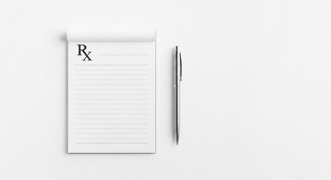 Blank prescription pad with lines and Rx symbol on top next to silver pen on white background with copy space for text or design