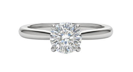 Solitaire engagement ring with round diamond on a polished band, placed on a flat surface with reflections and highlights. Isolated on transparent background