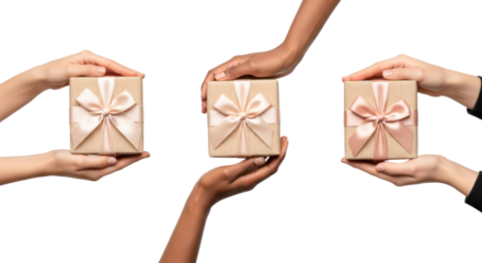 Three pairs of human hands hold gift boxes with ribbons in a studio setting. Isolated on transparent background