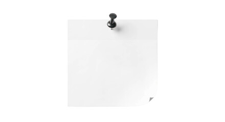 Blank white square paper with a black push pin attached to the top corner. Isolated on transparent background