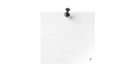 Blank white square paper with a black push pin attached to the top corner. Isolated on transparent background