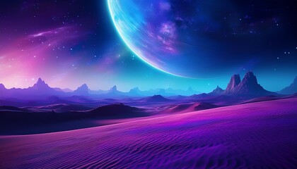 a blue and purple desert landscape with a large planet in the sky the sky is filled with stars and the planet is surrounded by a purple glow the scene is peaceful and serene