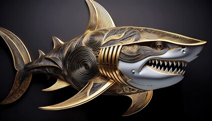 shark head sculpture with striking details and golden accents mounted on a black wall