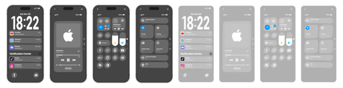 Apple iphone 17 pro max iOS system interface displaying lock screen notifications control center media playback widgets and light dark mode variations on iPhone