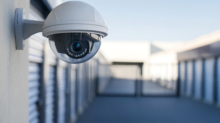 Security camera mounted on a white wall, overseeing storage units. The camera is a dome type, modern, and watchful, ensuring safety in the storage area.