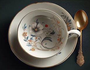 white porcelain teacup saucer with floral design and spoon image