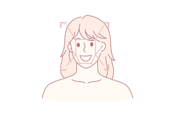 Headshot portrait of smiling young Caucasian woman with farm on face use emotion detection app. Happy girl usage of application on modern smartphone camera. Technology. Vector illustration.