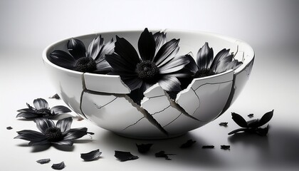 a broken white bowl with black flowers on it the bowl is cracked and broken but the flowers are still visible concept of loss and fragility