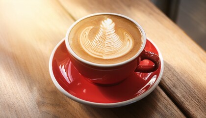 elegant latte art in red cup on wooden table bathed in sunlight