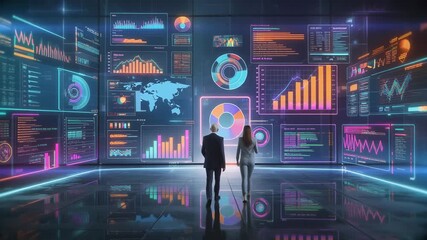 Business executives reviewing market analysis data on futuristic interactive screens with financial charts and global map - Powered by Adobe