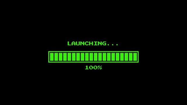 Retro 8-bit green pixel style launching progress bar on black screen