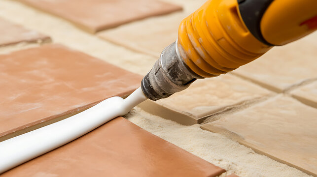 Sealing tiles with a grout gun. A tool applies a sealant to the joints between tiles. Close-up shot, highlighting the precision and neatness of the grout application process.