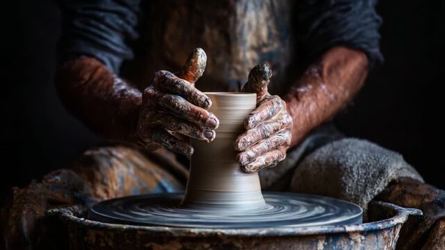 Masterful Clay Shaping: A Skilled Artisan's Hands Crafting Art on a Pottery Wheel, Highlighting the Process of Creating a Beautiful Ceramic Vessel from Raw Material.