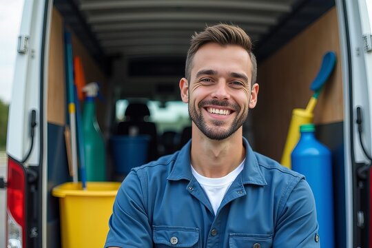 Happy Male Janitor Posing in Front of Fully Stocked Commercial Cleaning Truck