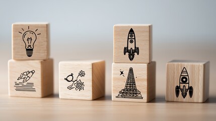 Creative Product Development Stages Shown With Wooden Cubes Featuring Icons For Innovation Workflow.