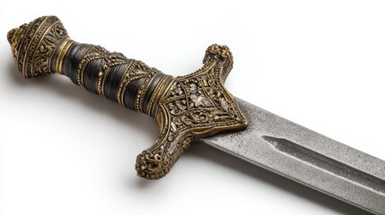 Antique Sword Blade: Ornate Knight's Weapon with Intricate Handle Isolated Against White Background