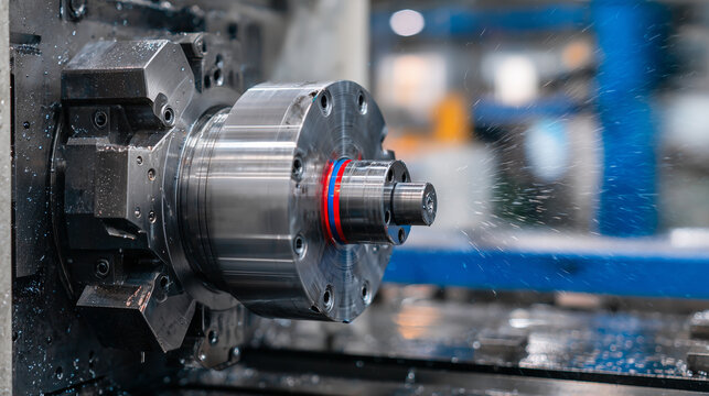 High-resolution close-up of a lathe chuck clamping a workpiece, textured metal surfaces, reflections and shadows highlighting the skill and precision of machining