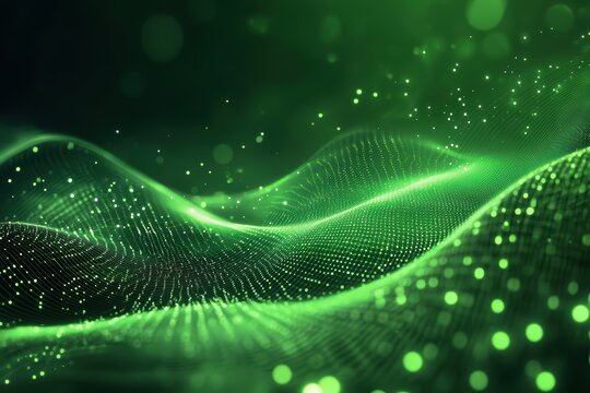 Abstract Green Digital Wave Background with Flowing Glowing Particles, Representing Big Data Visualization and Advanced Technology Concepts. Dynamic Futuristic Network. - Powered by Adobe