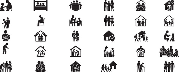 Fototapeta premium Family And Home Icons Representing Security And Care Keywords: family, home, icon, silhouette