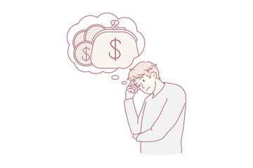 Unhappy young man with speech bubble above think of money struggle with financial problems. Stressed guy consider expenses expenditures. Bankruptcy and debt. Finance. Vector illustration.