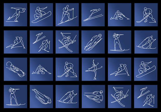 MILAN, ITALY, DECEMBER 12, 2025. Collection of minimalist white continuous line pictograms representing all the winter Olympic sports of Milano Cortina 2026 on a dark blue geometric background grid
