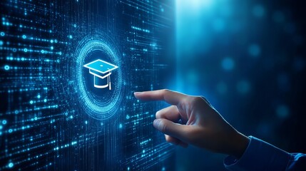 Person Interacting with Digital Graduation Cap Icon in Futuristic Interface