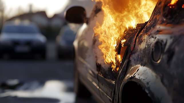 Close-up on a vehicle consumed by flames, illustrating destruction. The blurred background suggests a suburban setting. The intense heat is contrasted against the twilight.