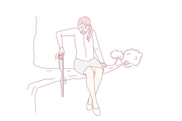 Unhappy young businesswoman sit on tree cut branch she sitting on. Distressed female employee involved in risky business project, feel trapped with idea. Work stress concept. Vector illustration.